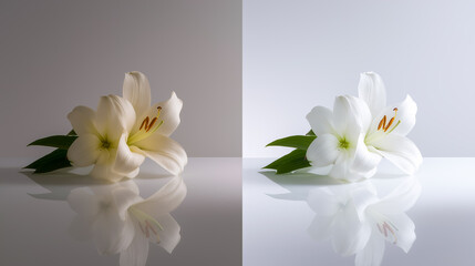 White lily flower shown before and after lighting adjustment on reflective surface, studio photography comparison with copy space