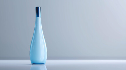 Elegant blue glass bottle standing on white surface, minimal product design and luxury packaging concept with copy space