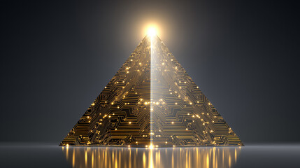 Futuristic transparent pyramid with glowing circuit pattern, technology, artificial intelligence and innovation concept