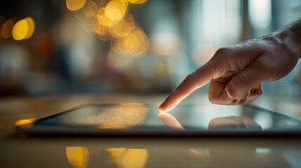 Person tapping a tablet screen with finger surrounded by warm bokeh lights in a softly focused modern indoor setting with reflective surface below