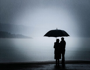 Two people under umbrella in heavy rain