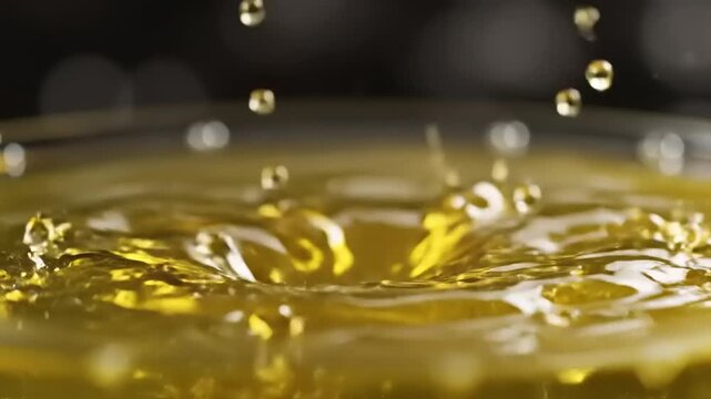 Olive oil crown splash in slow motion closeup against dark background