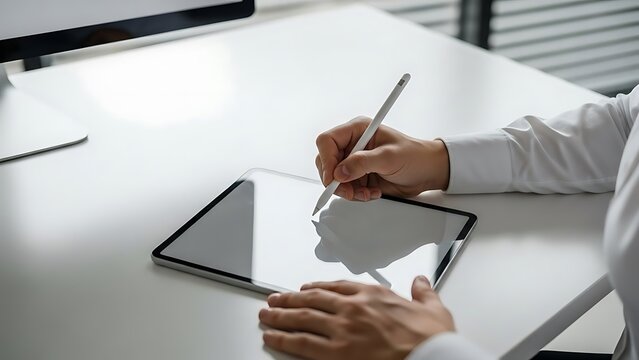 A person uses a stylus to write on a tablet resting on a white desk with a monitor