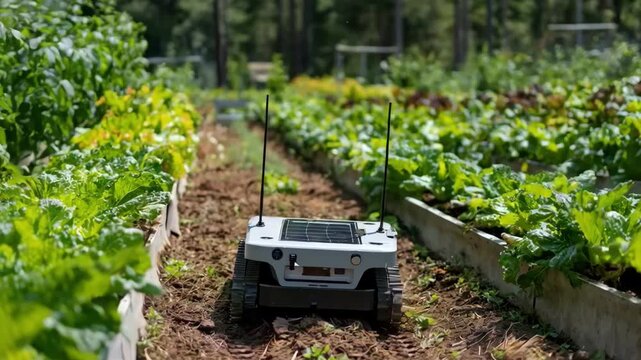 Medium shot of a solarpowered robotic weeding assistant navigating a vibrant vegetable garden efficiently eliminating weeds among rows of green plants under bright sunlight.