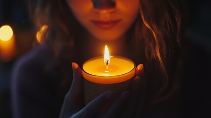 Person holding a lit candle with their face partially obscured by the flame and darkness.
