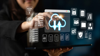 Cloud upload and download icon with surrounding data management, security, and analytics icons in digital interface Parse