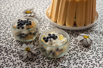 Delicious summer dessert with whipped and sour cream covered with baked sponges, tasty cold cake for hot summer days