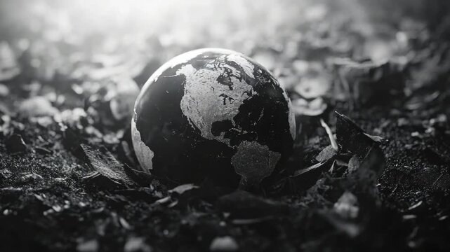 An apocalyptic earth, dying from environmental disasters. A broken globe on a wasteland surface.