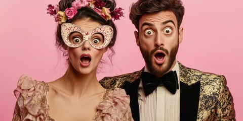 Stylish duo in evening wear with one-of-a-kind attire and accessories