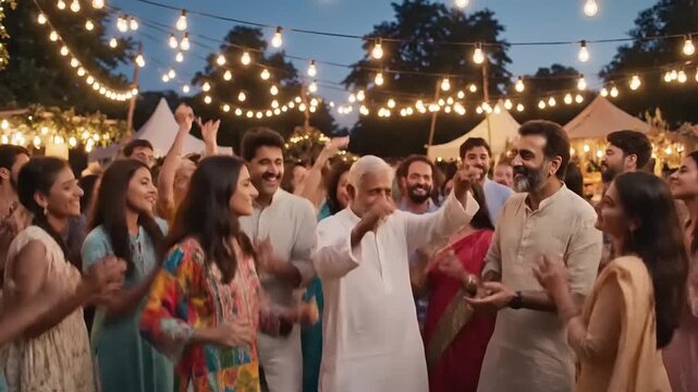 People celebrate outdoors joyful gathering under string lights at dusk