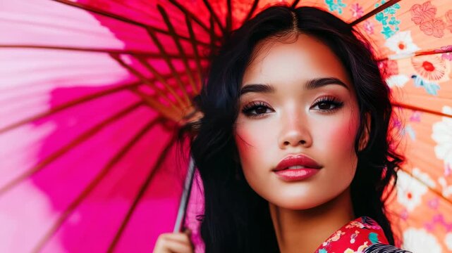 Elegant woman with colorful parasol displaying grace and poise in motion sequence