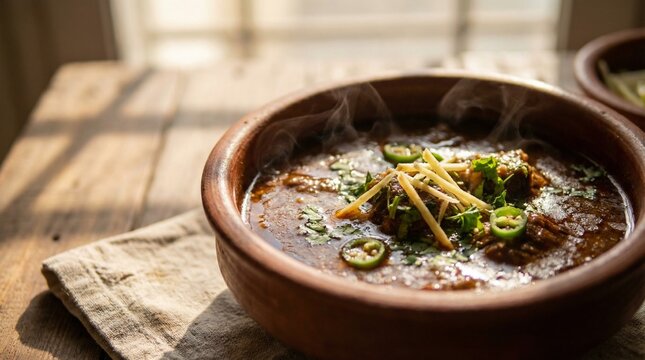 Ultra-Realistic Pakistani Beef Nihari in Clay Bowl with Warm Morning Light and Cinematic Style
