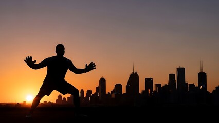 Silhouetted person poses with open arms against a setting sun over a distant cityscape