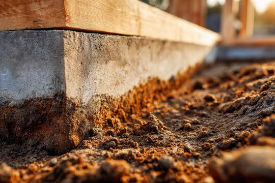 Freshly poured concrete foundation with wooden frame above ground level surrounded by loose brown soil during golden hour sunlight outdoors