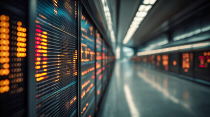 Digital data display panels with vibrant orange and red lights glowing inside a modern high-tech corridor in a futuristic technology center environment
