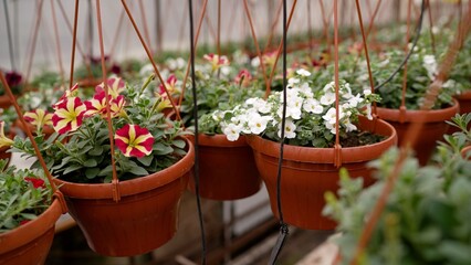 Petunia and floral hanging pots in greenhouse