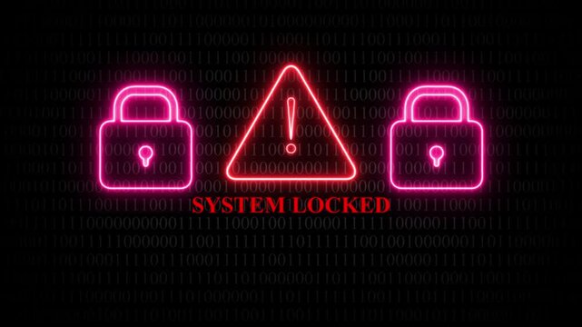 Neon pink locks and red exclamation mark with system locked text