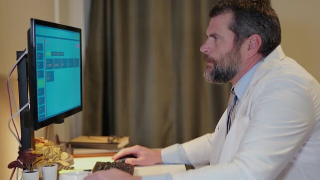 Middle-aged male doctor in home office reviews patient EMR dashboard with AI-assisted notes, vitals, labs, and visit summaries on monitor concept