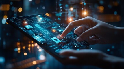 A person is using a tablet to touch a screen. The screen is filled with a lot of blue and white lines