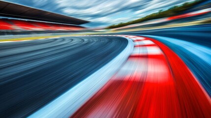 Obraz premium High-speed racing car on F1 track with blurred motion effect.