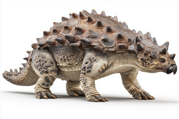 Obraz premium Professional studio shot of a realistic Ankylosaurus magniventris. Full body view with tail club, thick osteoderm plates, and bony textures on an isolated white background