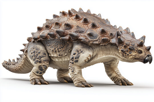 Professional studio shot of a realistic Ankylosaurus magniventris. Full body view with tail club, thick osteoderm plates, and bony textures on an isolated white background