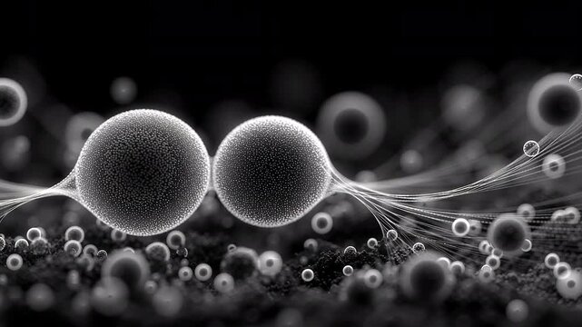 Detailed view of positioned textured spheres with surrounding granules and blurred background