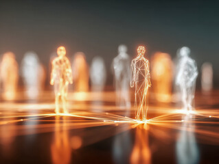 Abstract futuristic digital network representation with glowing interconnected human wireframe figures symbolizing communication and technology connections in a dark