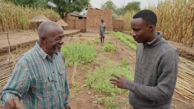 Medium shot of a rural farmer discussing affordable microfinance options to improve small landholdings surrounded by crops and traditional tools.