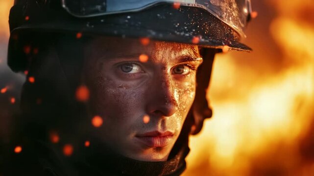 A young man, visibly exhausted, is seen with a serious look in his eyes against the backdrop of a chaotic battlefield.