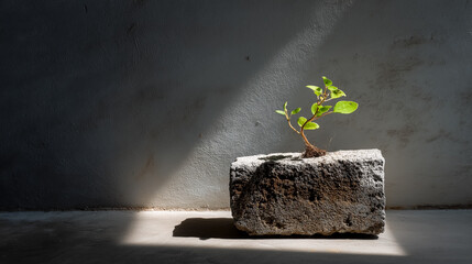Small green sprout growing from rough concrete block, resilience, growth and sustainability concept with copy space