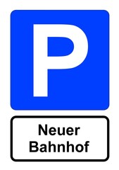 llustration eines blauen Parkplatzschildes mit der Aufschrift "Neuer Bahnhof"	
