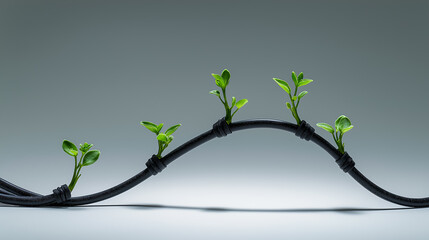 Black power cable with green sprouts emerging, sustainable technology and energy transition concept