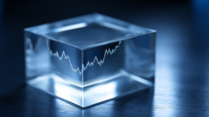 Transparent glass block with subtle financial chart inside, data analysis and business insight concept