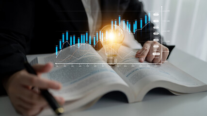 A businessperson reviews financial data with innovative ideas symbolized by a light bulb, intricately combining analysis and creativity in a contemporary office setting. Scalp