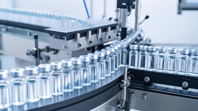 Vaccine vial bottles on conveyor.