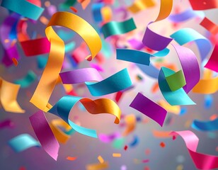 Vivid, celebratory ribbons and confetti in a dynamic, colorful arrangement against a blurred gradient background