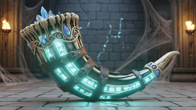 Mystical Glowing Horn of Plenty in Ancient Chamber.