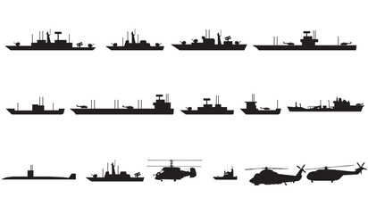 A comprehensive collection of military ship and helicopter silhouettes for design projects © Mehedi