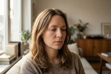 Thoughtful Woman Indoors Natural Light Portrait