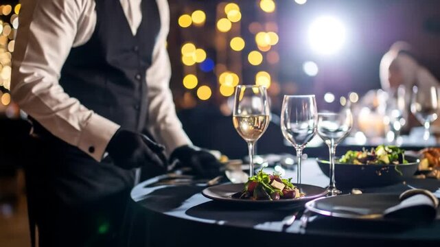 Waiter serving a dish at an elegant dinner.