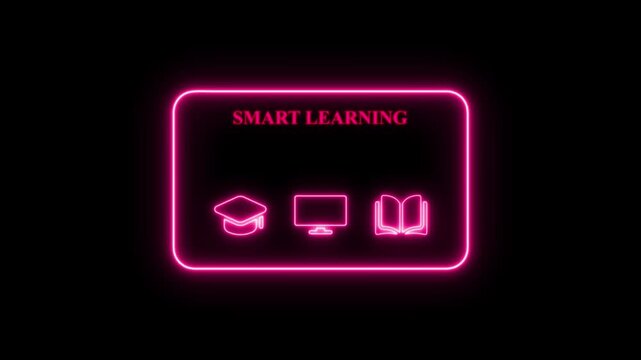 Smart Learning Neon Sign with Graduation Cap Computer and Book Icons