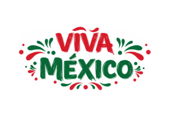 Vibrant 'VIVA México' in bold red/green brushstrokes, framed by festive Mexican flag flourishes on transparent background with copy space, celebrating national pride