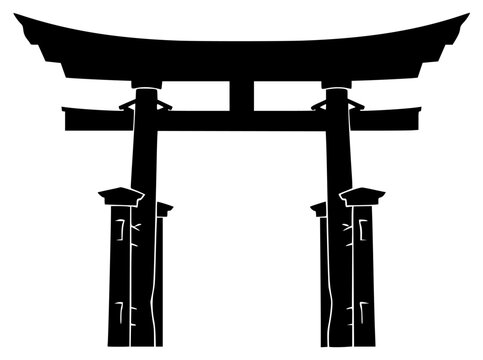 A black and white silhouette of a torii gate, archway, black, building, door, doorway, entrance, icon, illustration, pillar, pole, profile, shrine, style, symbol, against transparent background