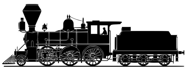 A black and white silhouette of an old steam locomotive, black, illustration, profile, railroad, steam engine, steam locomotive, steam train, train, train car, against transparent background