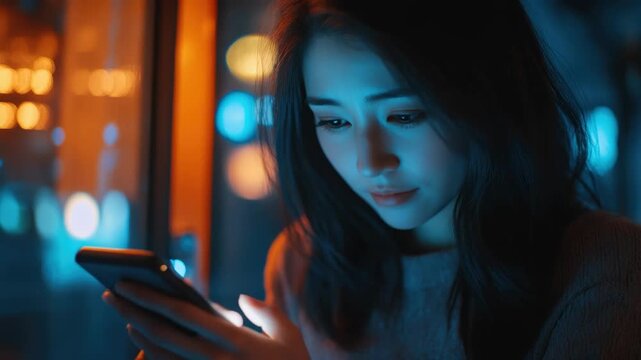 A young woman using her smartphone, seemingly engrossed and focused on something on the screen at night.