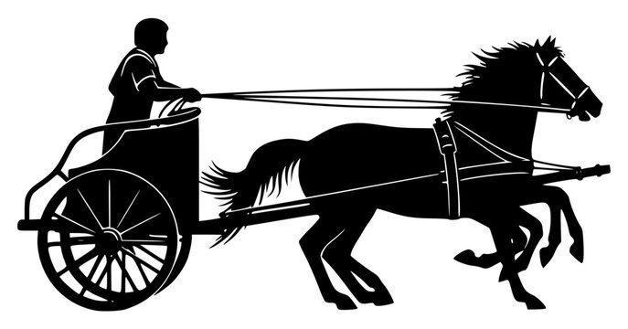A silhouette of a man pulling a horse-drawn carriage, attach, black, cart, chariot, coach, horse, horse cart, illustration, man, profile, pull, ride, wagon, against transparent background