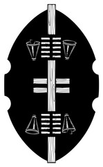A black and white illustration of a wooden cross with three bells surrounding it, black, cross, icon, illustration, lamp, pole, shield, symbol, against transparent background