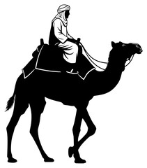 A silhouette of a man riding a camel, black, camel, desert, illustration, man, profile, ride, against transparent background