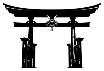 A black and white silhouette of a traditional japanese torii gate, archway, black, door, doorway, eagle, entrance, illustration, pillar, pole, profile, shrine, symbol, against transparent background